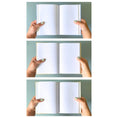 Load image into Gallery viewer, Three images of a hand holding an open notebook with pain, lined or cross dotted pages against a light green background.