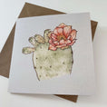 Load image into Gallery viewer, Querin Creations square greeting card with a cactus watercolour illustration featuring a pink flower and a craft envelop