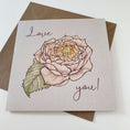 Load image into Gallery viewer, Querin Creations square greeting card with a pink rose illustration and 'Love you!' text on a white background