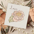 Load image into Gallery viewer, Querin Creations square greeting card with a pink rose illustration and 'Love' text, surrounded by floral and leaf decorations.