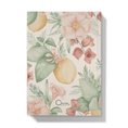 Load image into Gallery viewer, Back of notebook with lemons and mediterranean flowers pattern on a blush pick background
