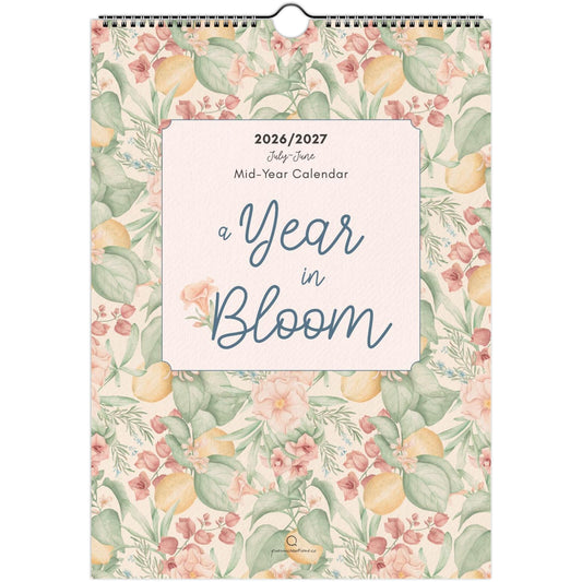 Floral patterned calendar with 'A Year in Bloom' text on a white background