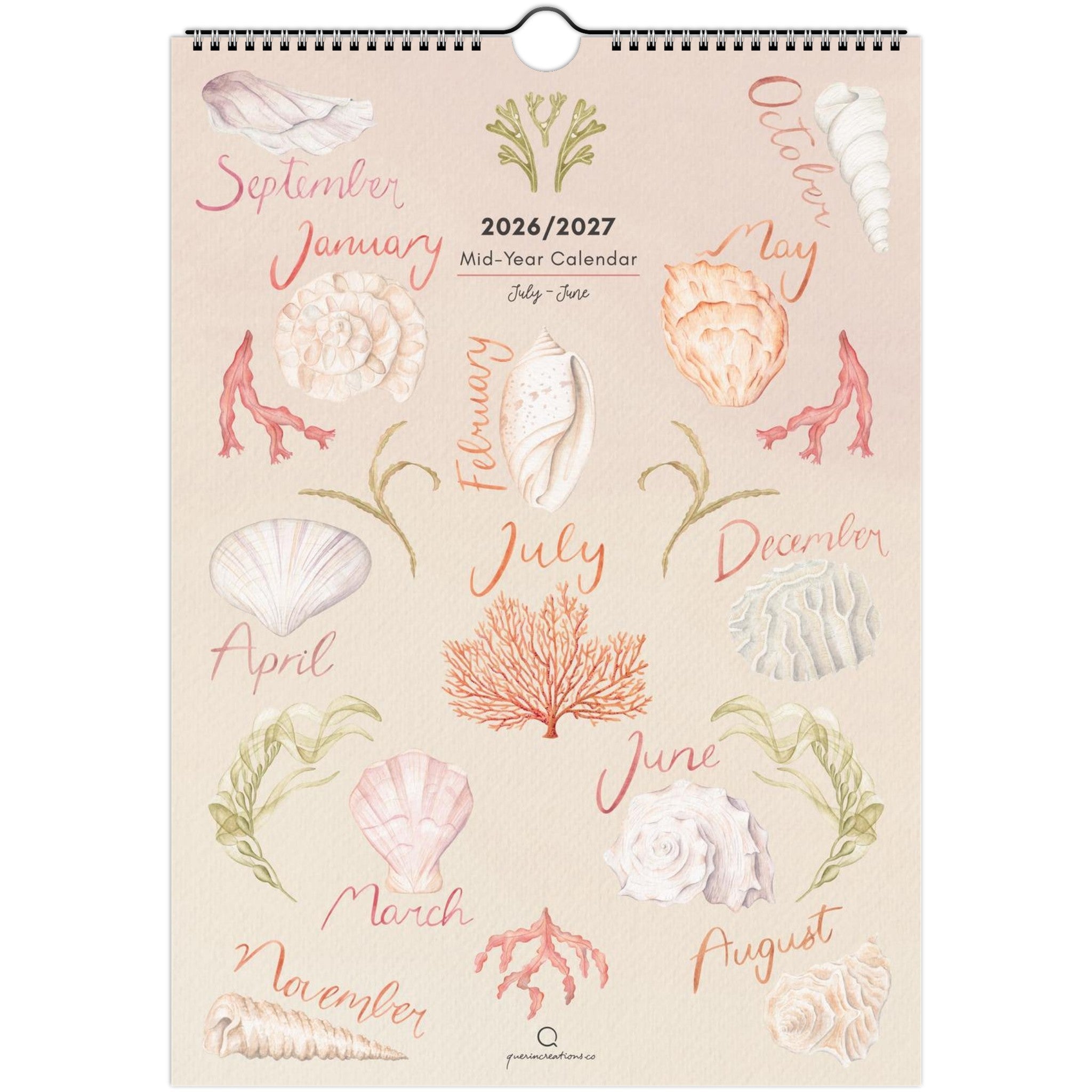 2026/2027 calendar with sea-themed design on a beige background