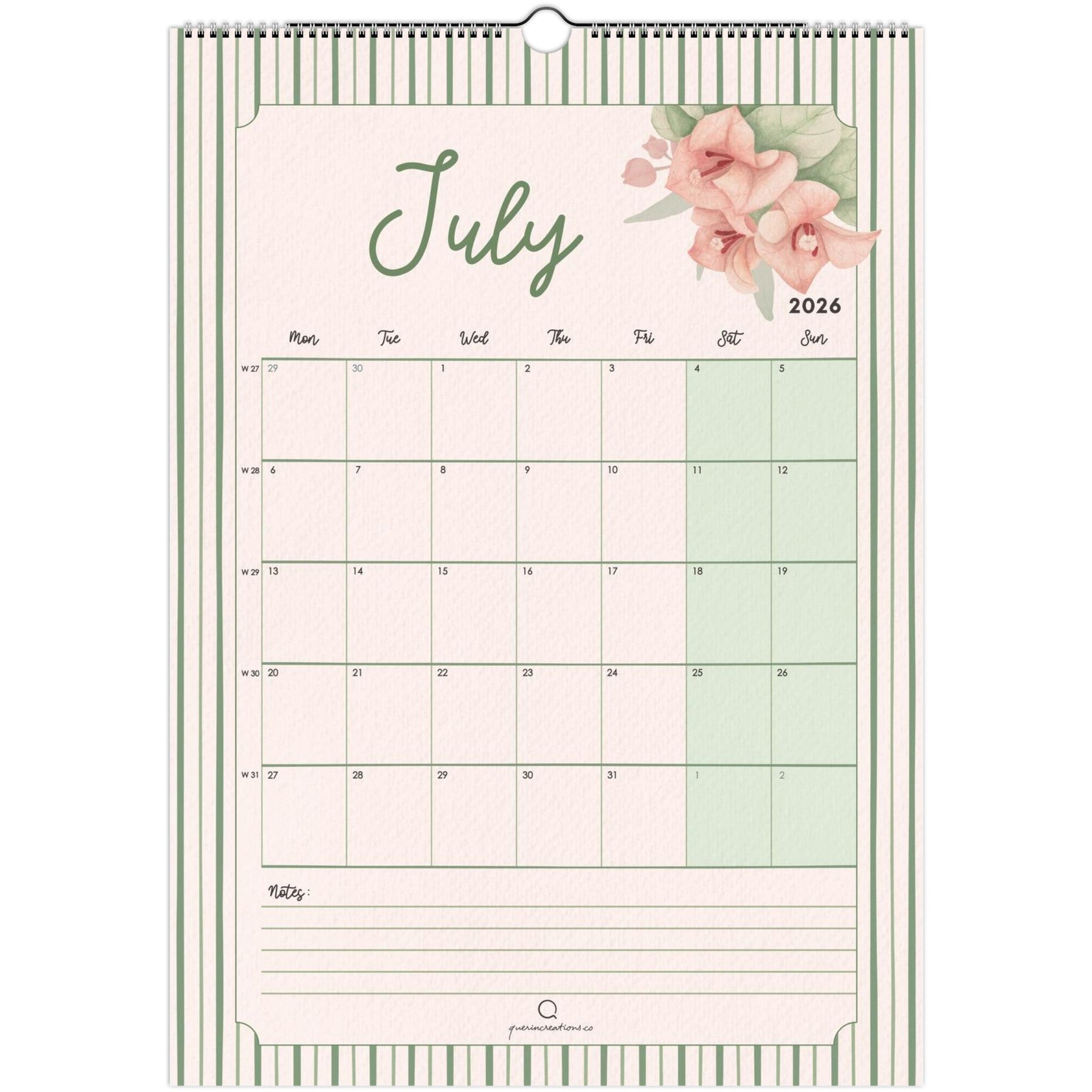 Floral-themed calendar for July 2026 on a white background
