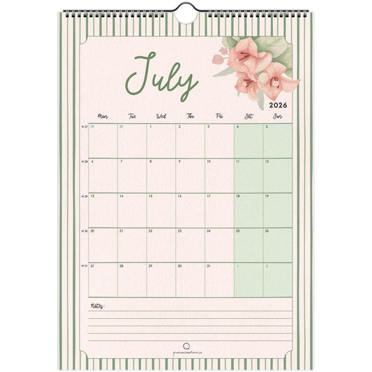 Calendar for July 2026 with floral design on a white background