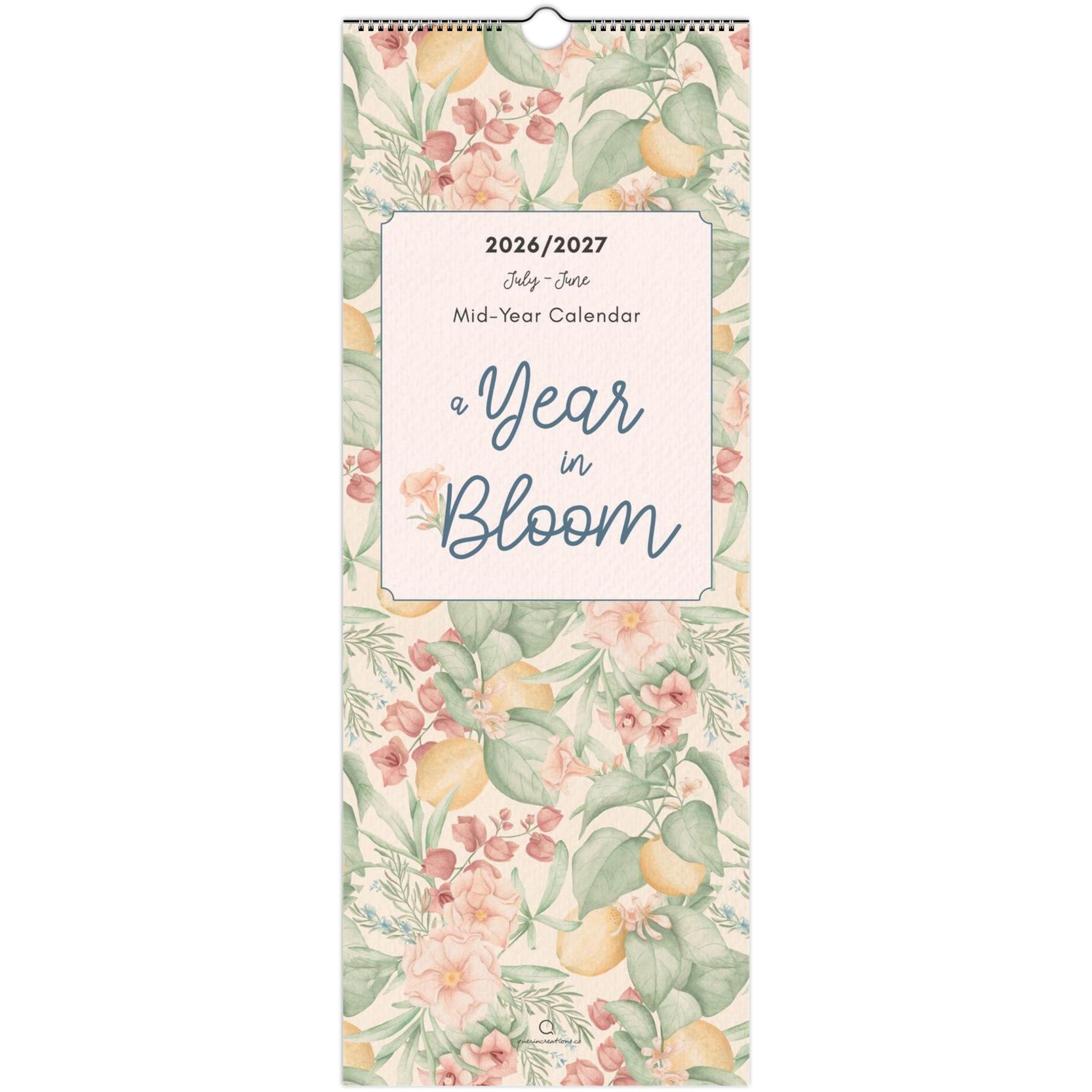 Floral patterned calendar titled 'A Year in Bloom' on a white background