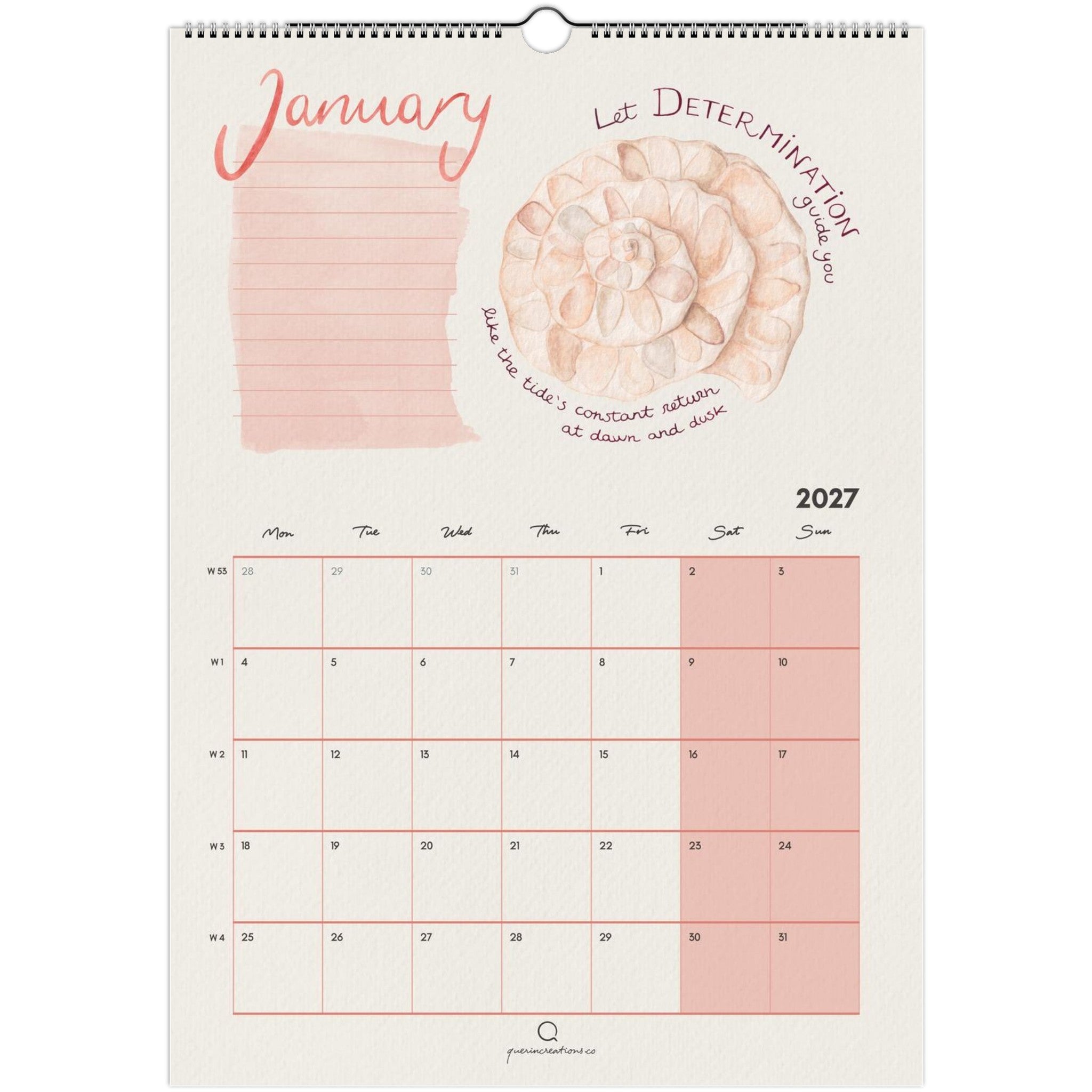 A spiral-bound January 2027 desk calendar page with a cream background, pink lined to do list section, seashell artwork with inspirational quote, and a monthly grid. The page includes decorative text and a small logo at the bottom.