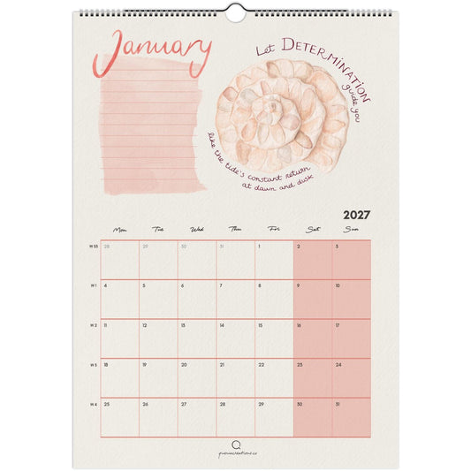 A spiral-bound January 2027 desk calendar page with a cream background, pink lined to do list section, seashell artwork with inspirational quote, and a monthly grid. The page includes decorative text and a small logo at the bottom.