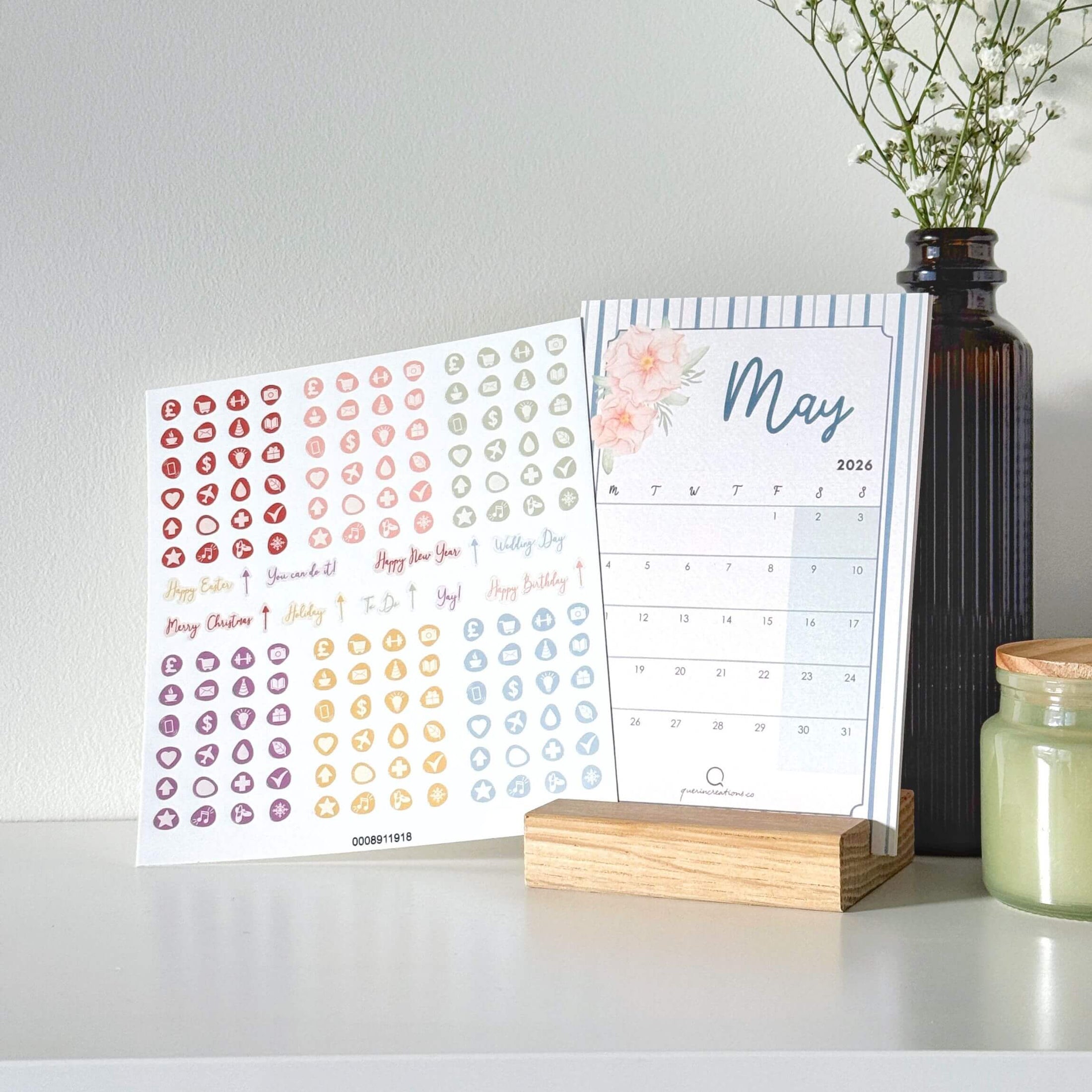 A Year in Bloom Desk Calendar with Stand and Mini Stickers Bundle