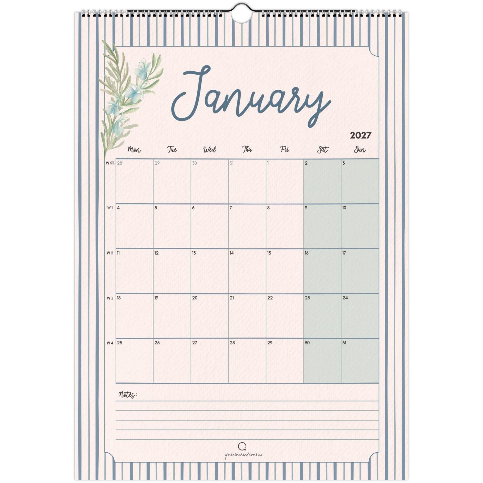 Calendar for January 2027 with floral design on a white background