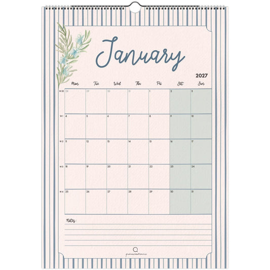 Calendar for January 2027 with floral design on a white background
