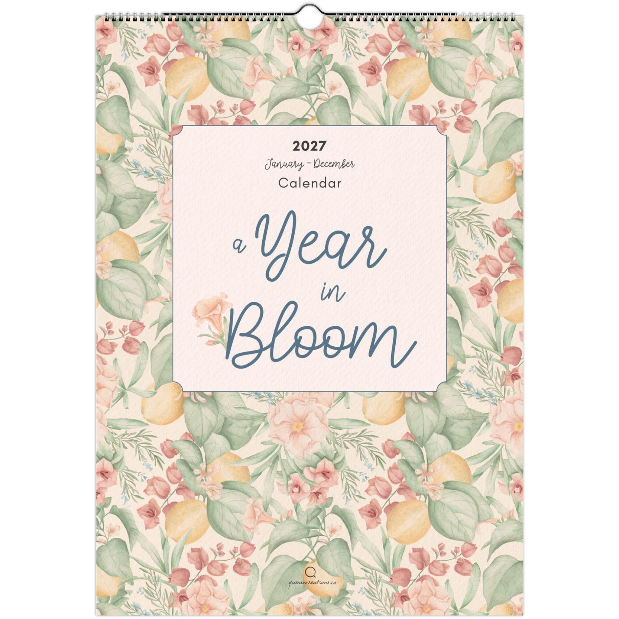 Calendar with floral design and 'A Year in Bloom' text on a white background