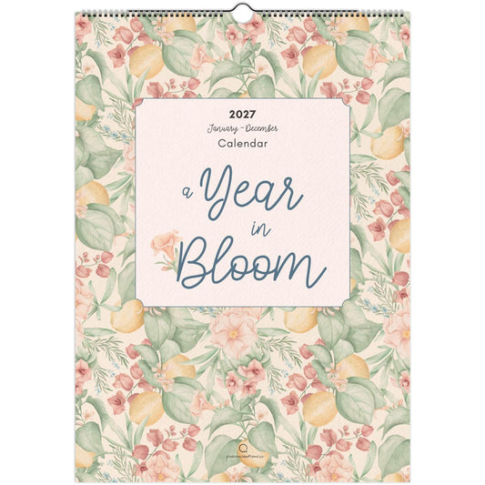 Calendar with floral design and 'A Year in Bloom' text on a white background