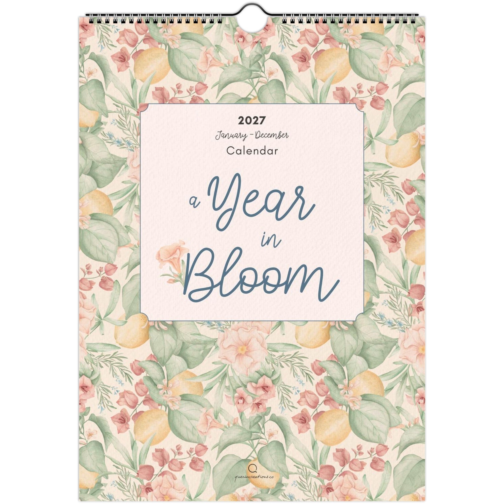 Floral patterned calendar with 'A Year in Bloom' text on a white background
