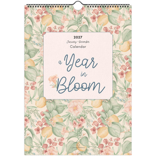 Floral patterned calendar with 'A Year in Bloom' text on a white background