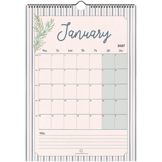 Wall calendar for January 2027 with floral design and striped border
