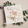 Load image into Gallery viewer, Querin Creations square greeting card with pink floral design and 'Thank you!' text, surrounded by eucalyptus leaves on a beige background.

