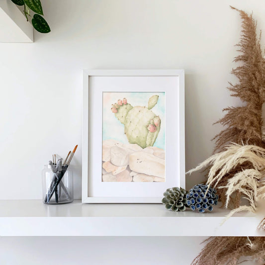 Querin Creations Framed A4 watercolour  artwork of a cactus on a shelf with decorative items, coastal home decor