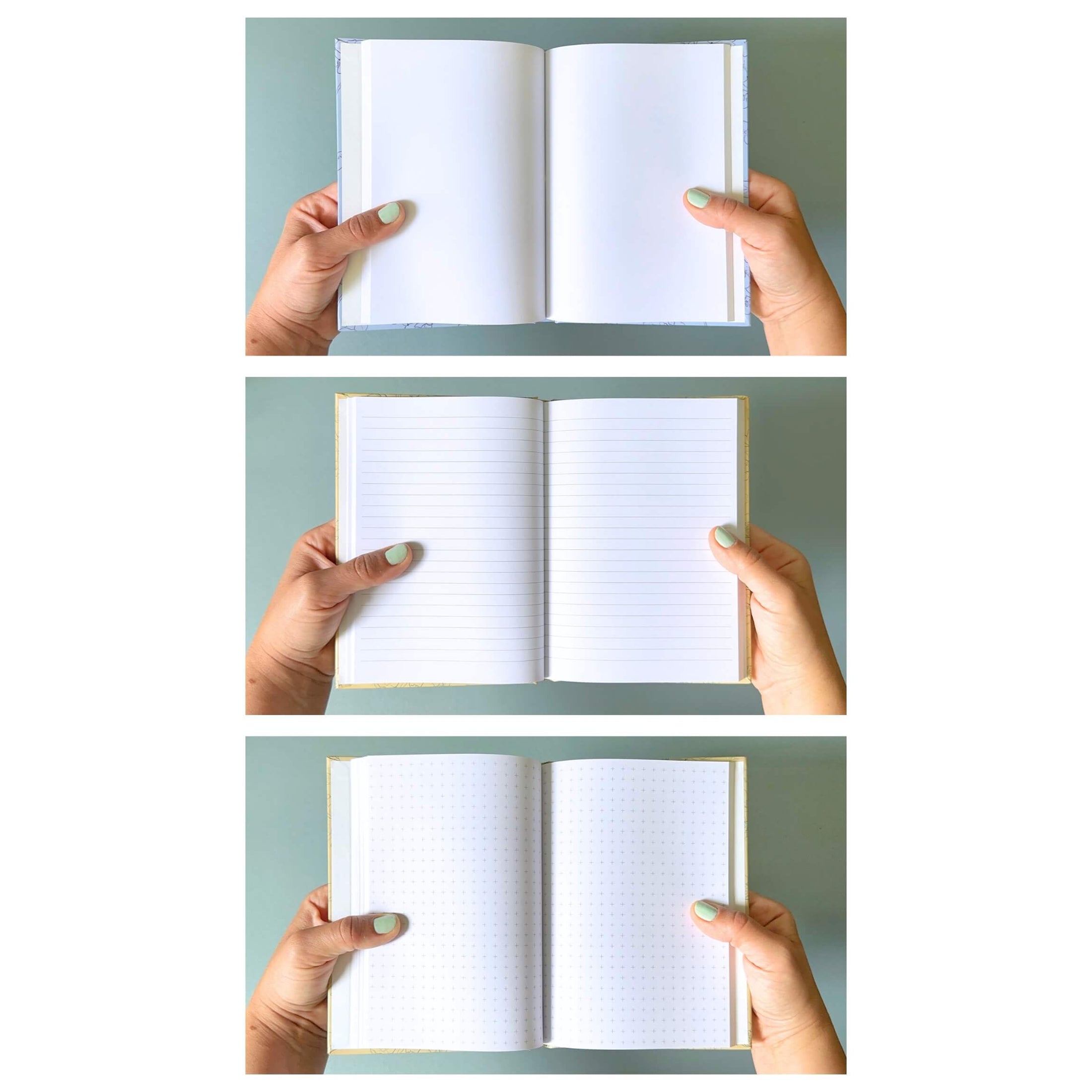 Three images of a hand holding an open notebook with pain, lined or cross dotted pages against a light green background.