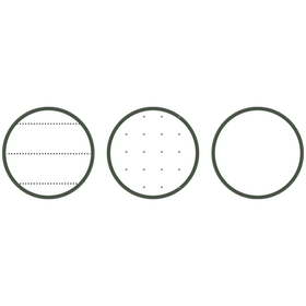 Three circular swatches shown side by side on a white background, each with a dark gray border and different internal line or dot patterns indicating the inner pages of the journals 