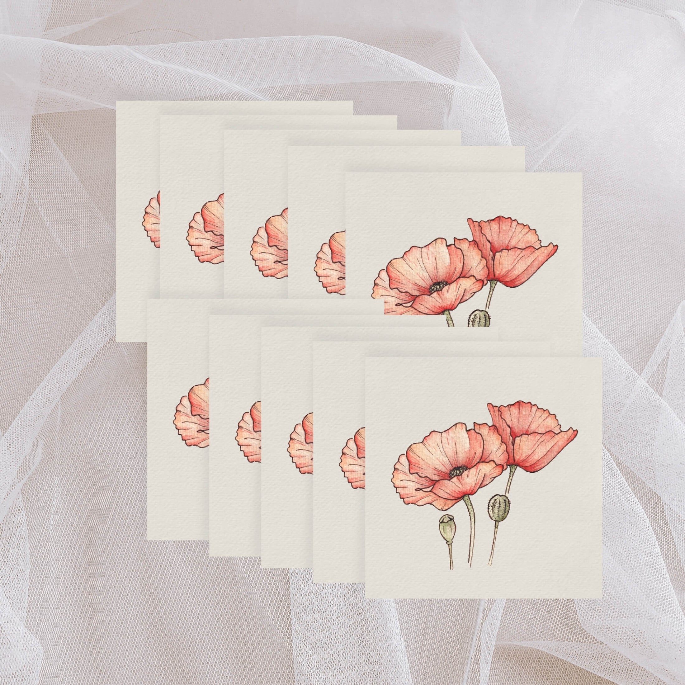Querin Creations Set of 10 greeting cards with pink poppies flowers design on a light background