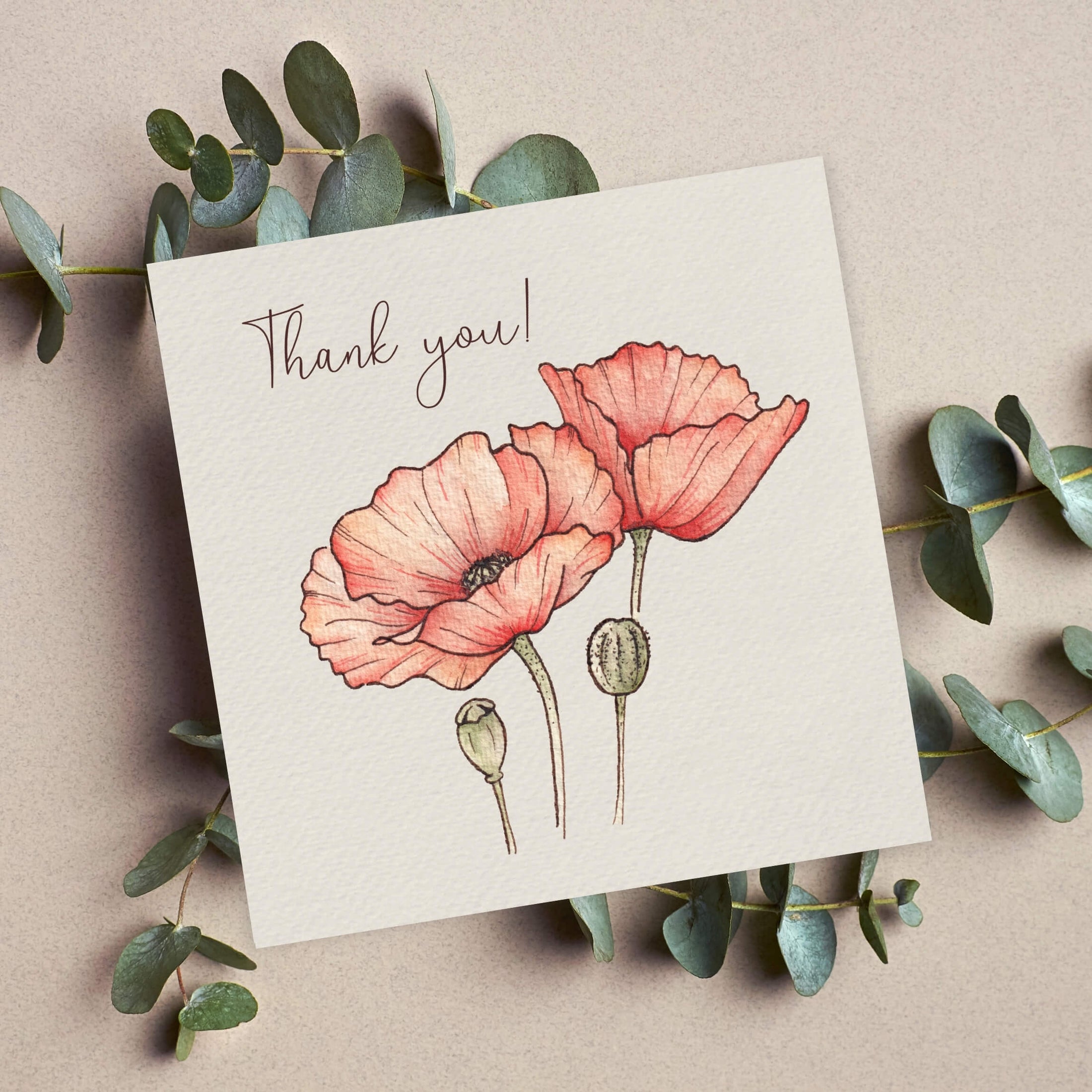 Querin Creations greeting Card with pink poppy flowers and 'Thank you!' text, surrounded by eucalyptus leaves on a beige background