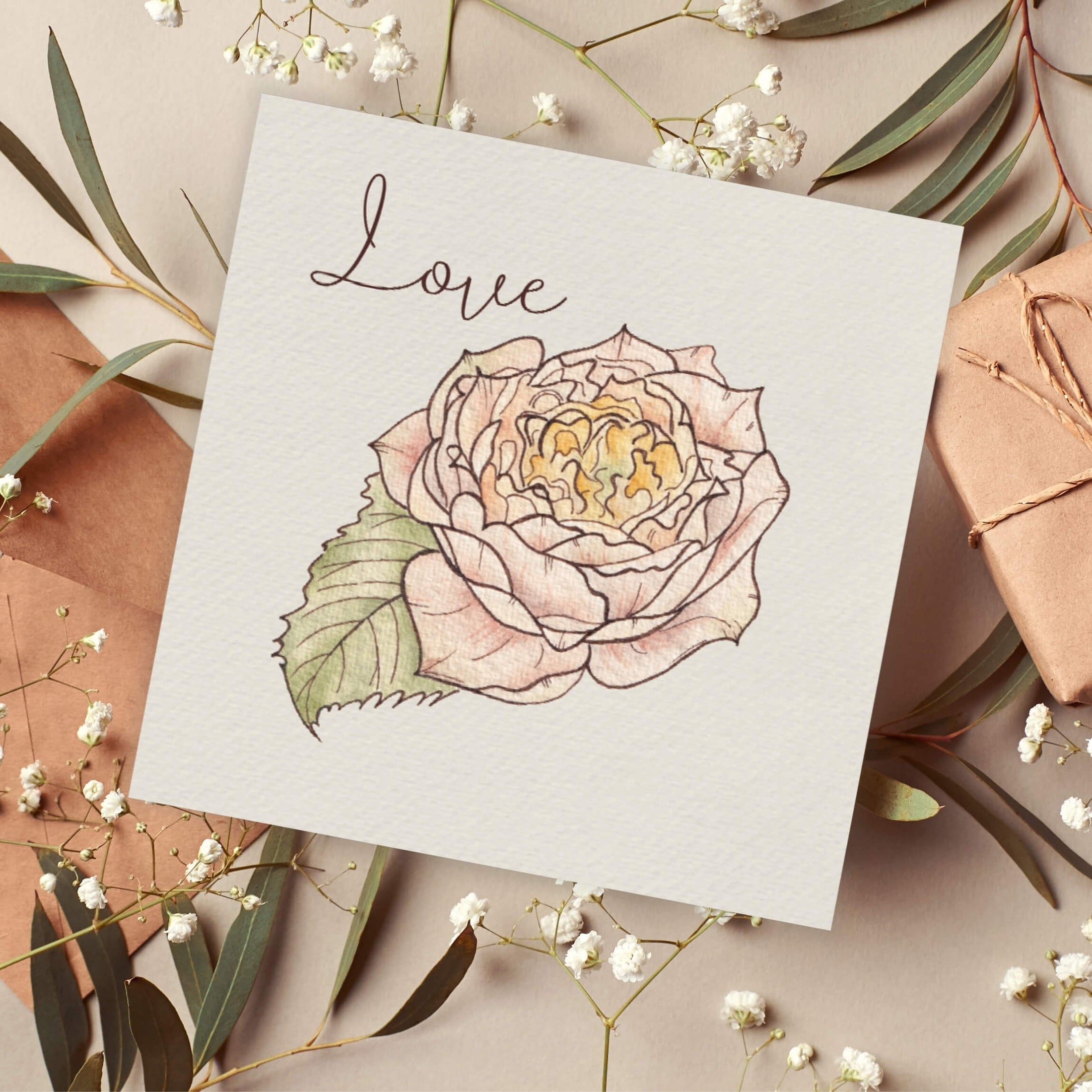 Querin Creations square greeting card with a pink rose illustration and 'Love' text, surrounded by floral and leaf decorations.