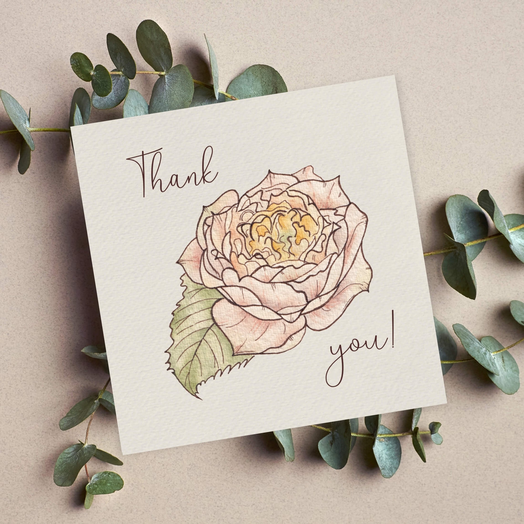 Querin Creations square greeting card with a pink rose illustration and 'Thank you!' text, surrounded by eucalyptus leaves on a beige background.