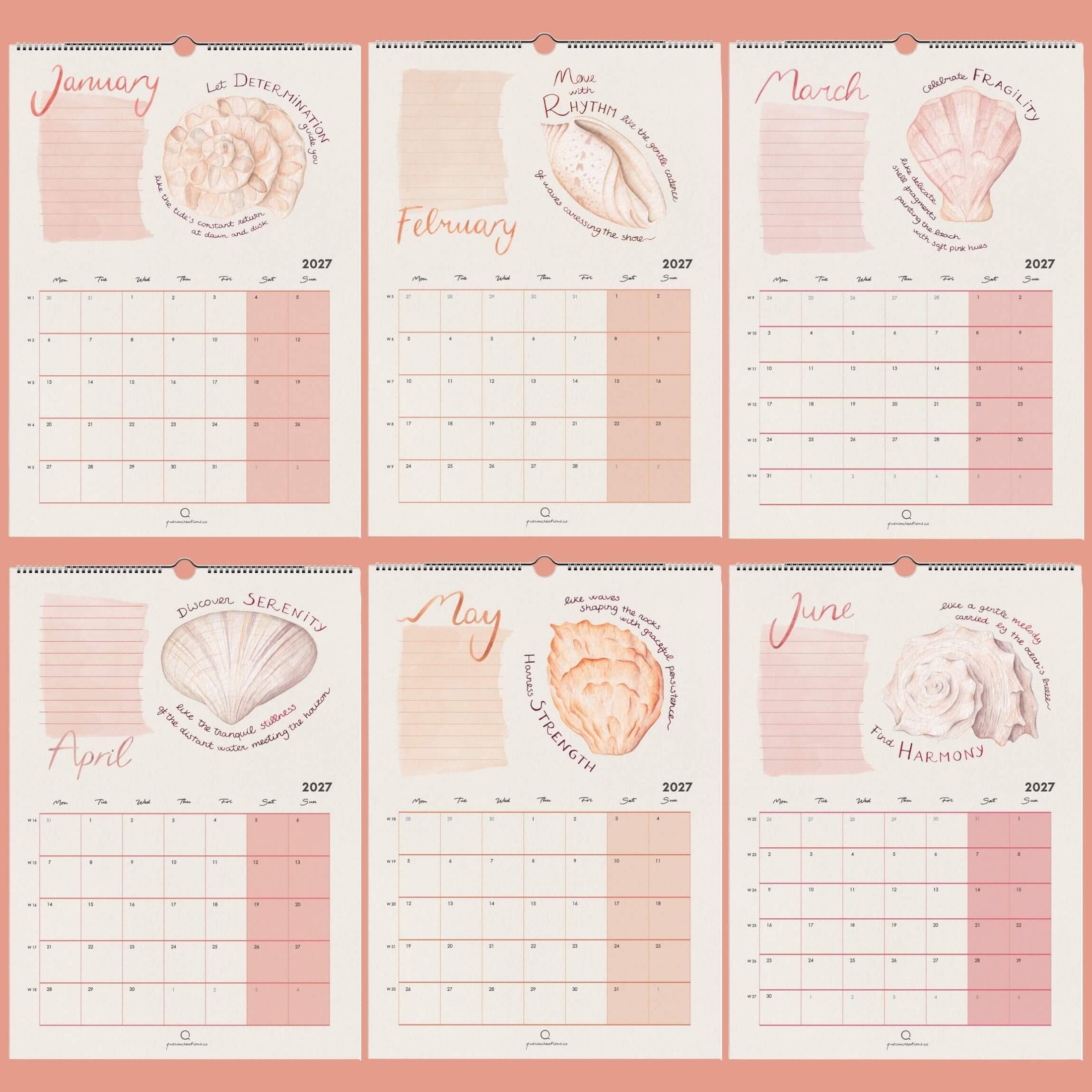 Calendar with monthly layouts on a pink background
