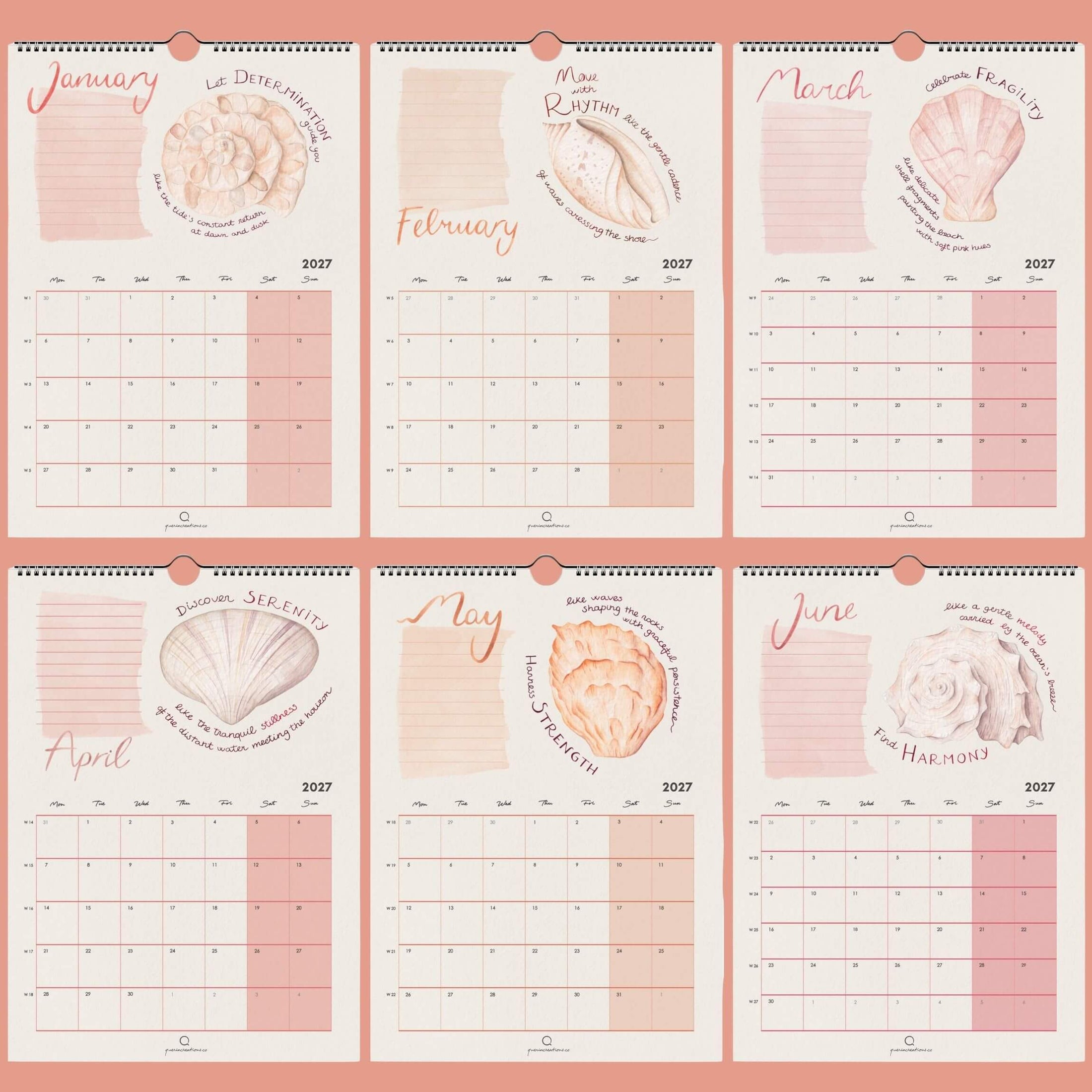 Calendar with shell designs for each month on a pink background