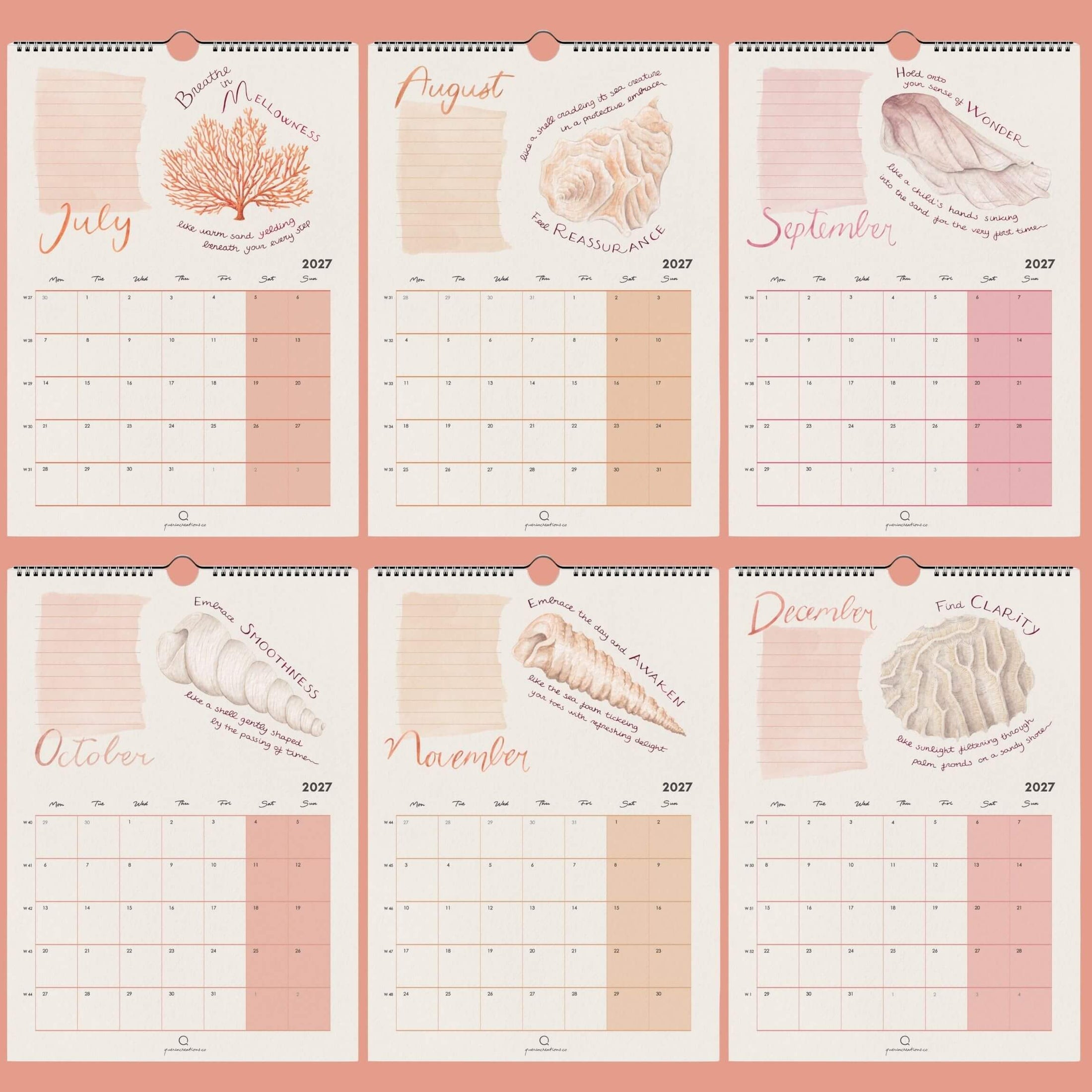 Calendar with monthly layouts for July to December 2027 on a pink background.