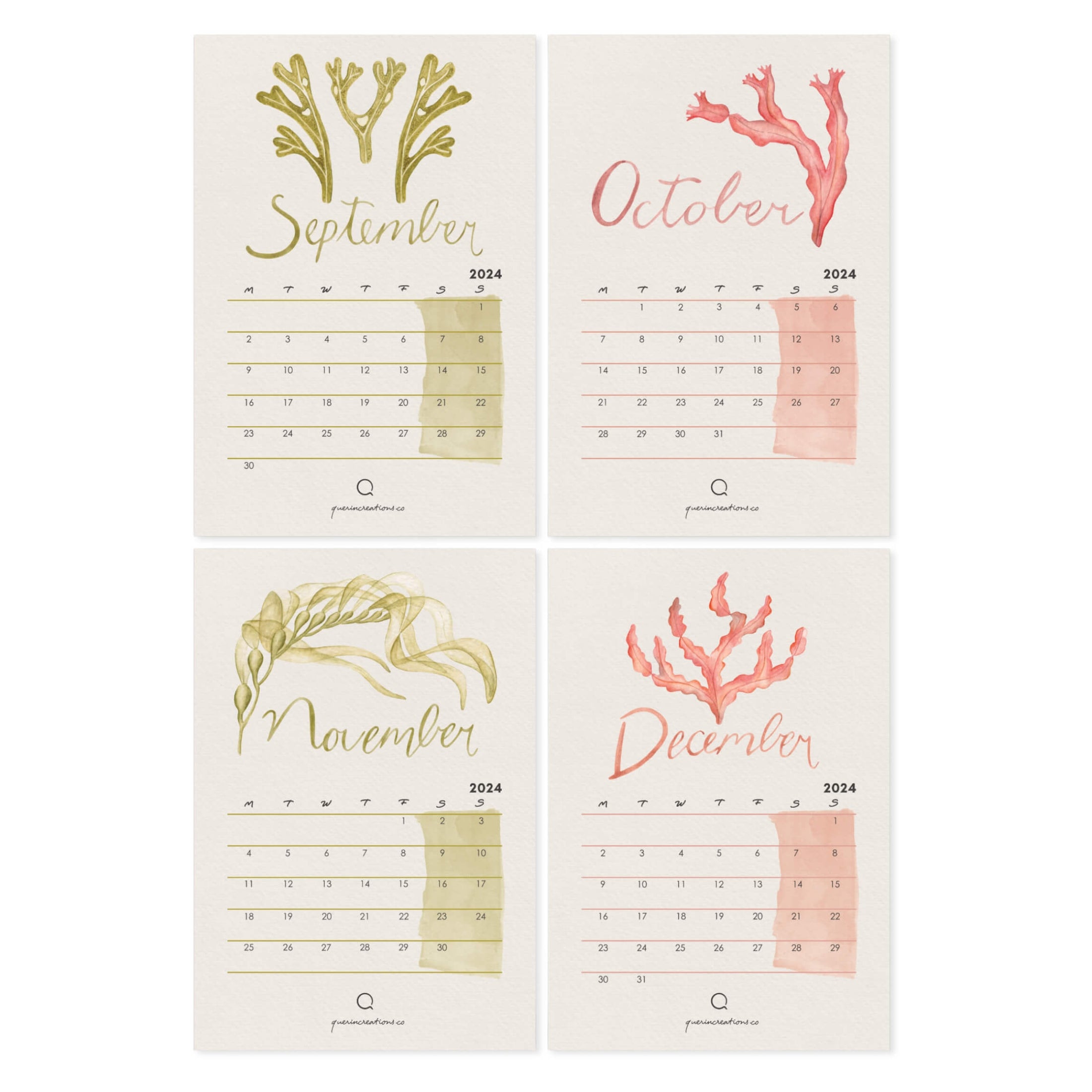 Four-month calendar for September, October, November, and December 2026 with green and red watercolour coral designs on a white background. Academic calendar 