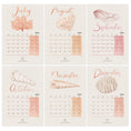 Load image into Gallery viewer, Six-month calendar with shell designs for July to December on a light. Academic calendar background with watercolour seashells and coral illustrations on peach and pink shades 
