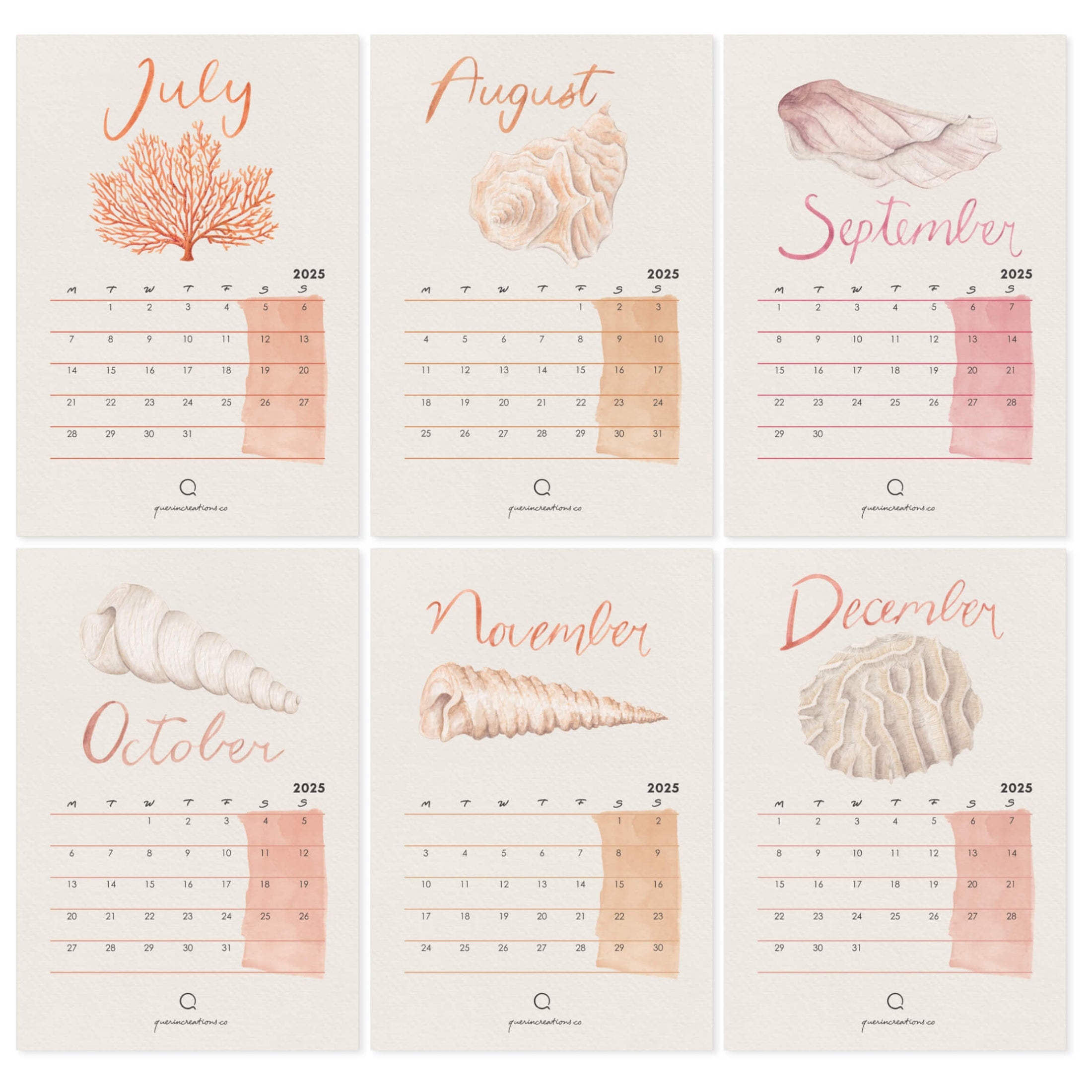 Six-month calendar with shell designs for July to December on a light. Academic calendar background with watercolour seashells and coral illustrations on peach and pink shades 