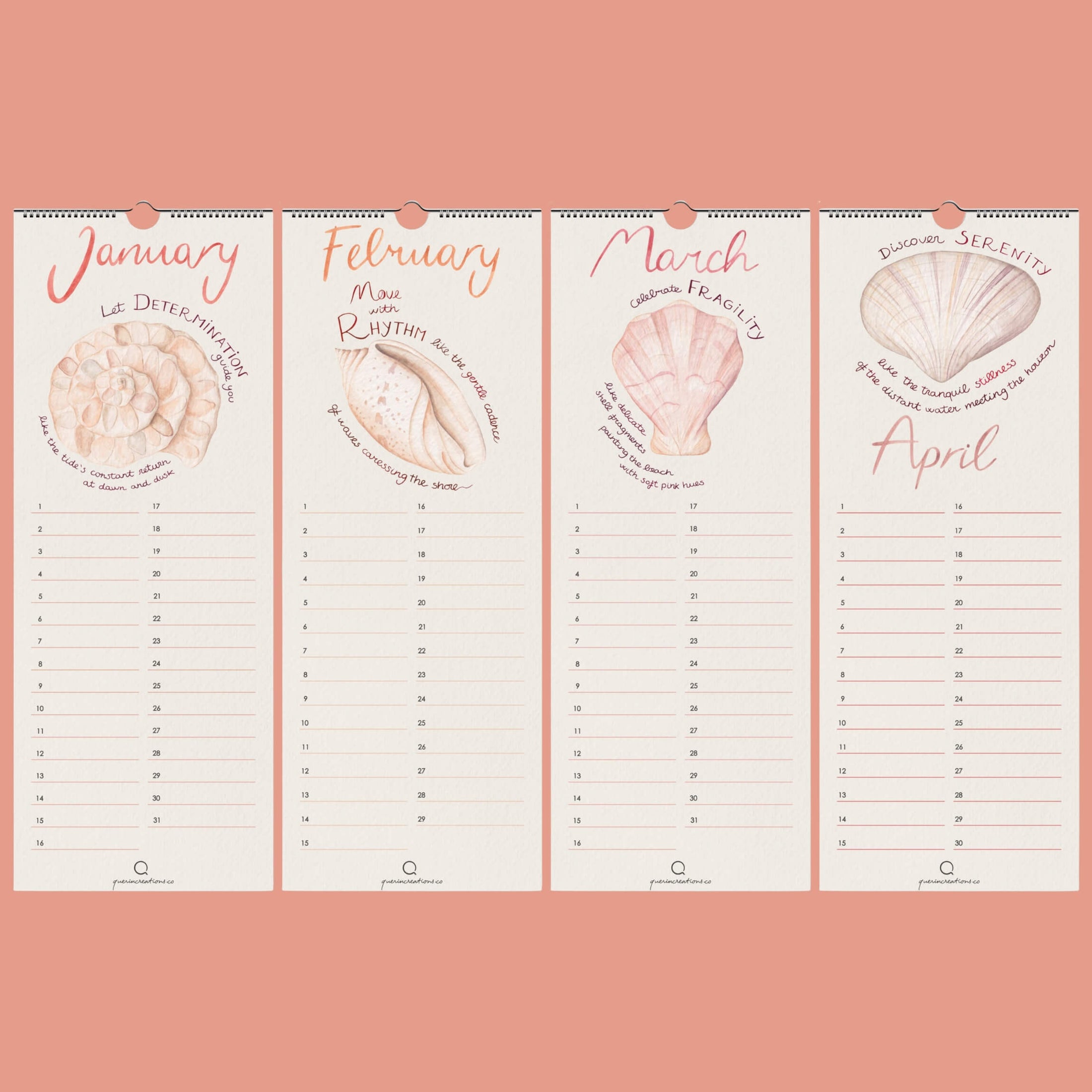 Querin Creations Perpetual Seashells Vertical calendar, coastal home decor, January to April pages 