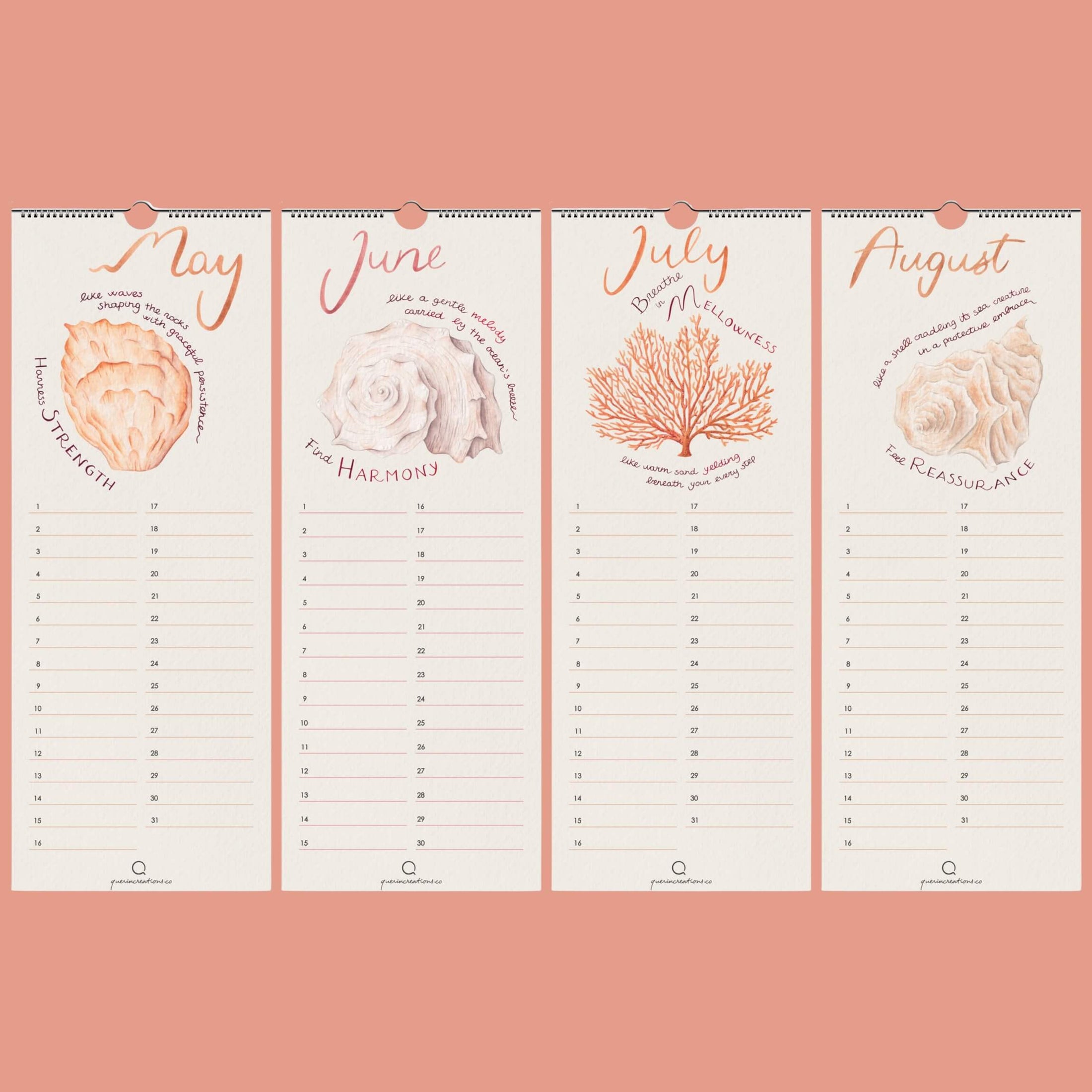 Querin Creations Perpetual Seashells Vertical calendar, coastal home decor, May to August pages, peach , pink, beige shades 