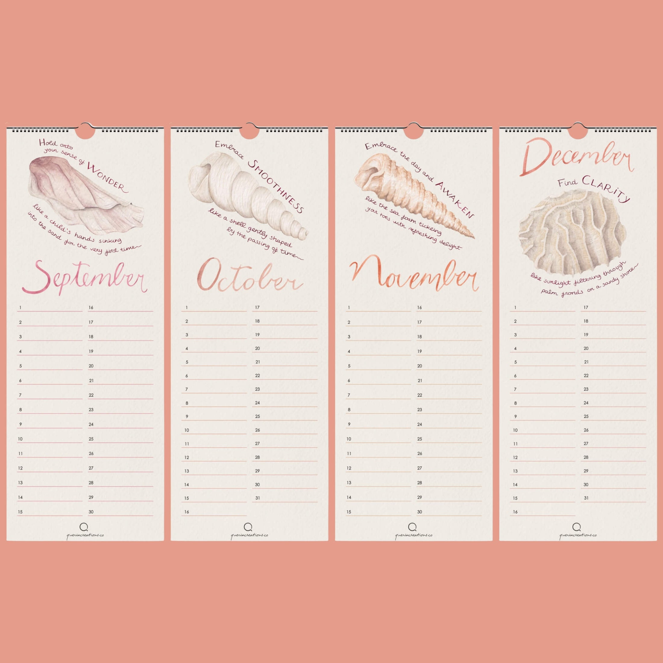 Querin Creations Perpetual Seashells Vertical calendar, coastal home decor, September to December pages 
