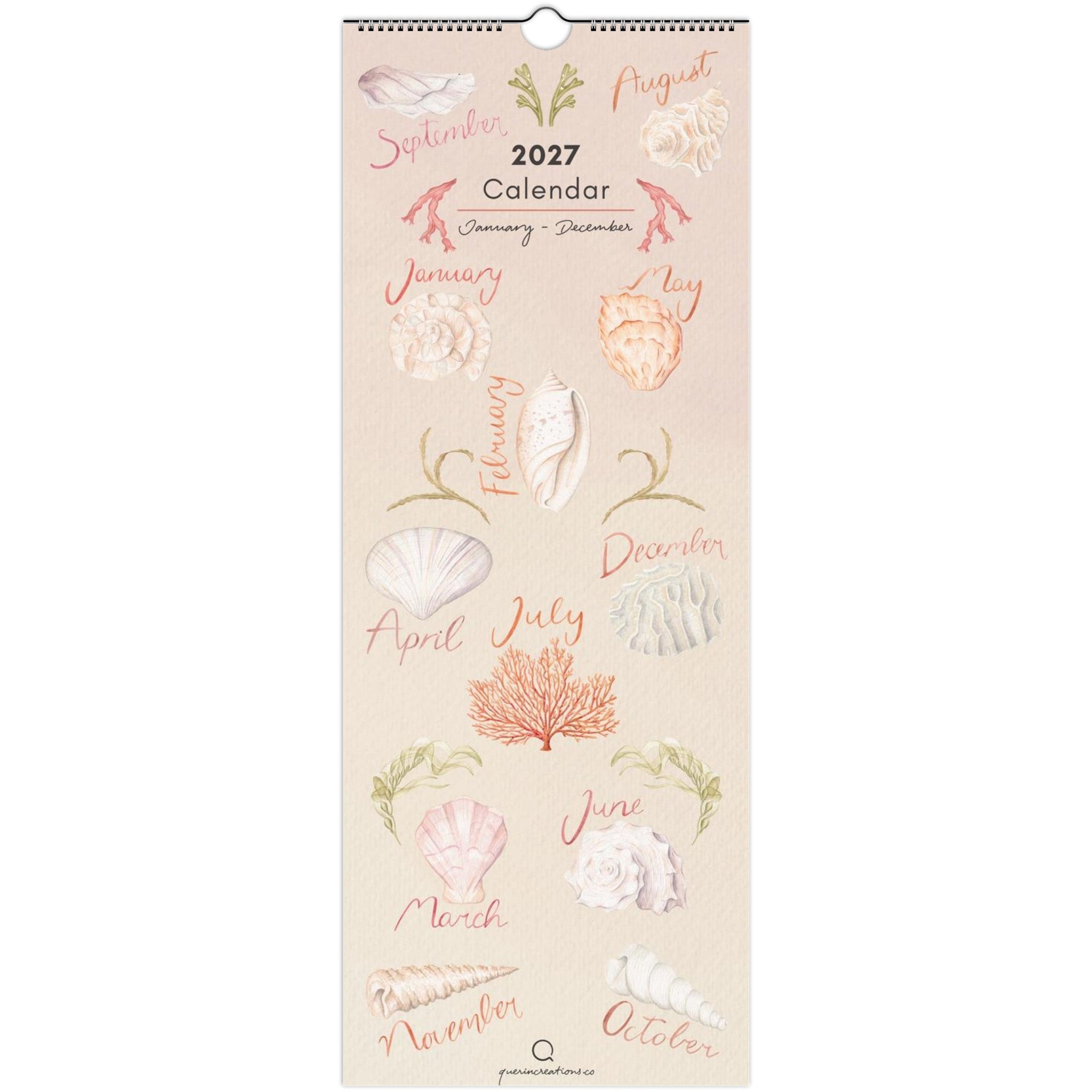 Calendar with floral and shell designs on a beige background