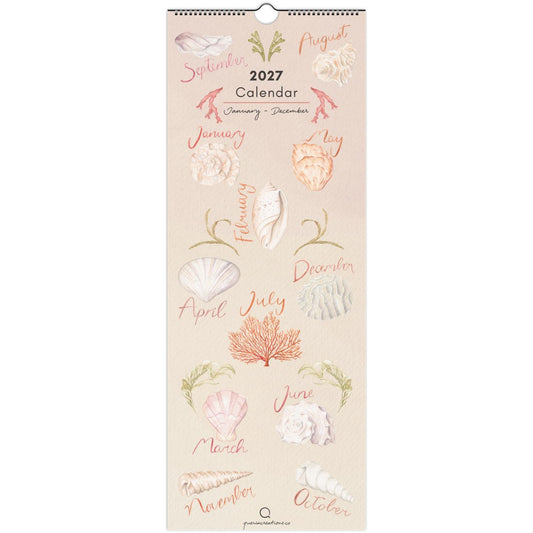 Calendar with floral and shell designs on a beige background
