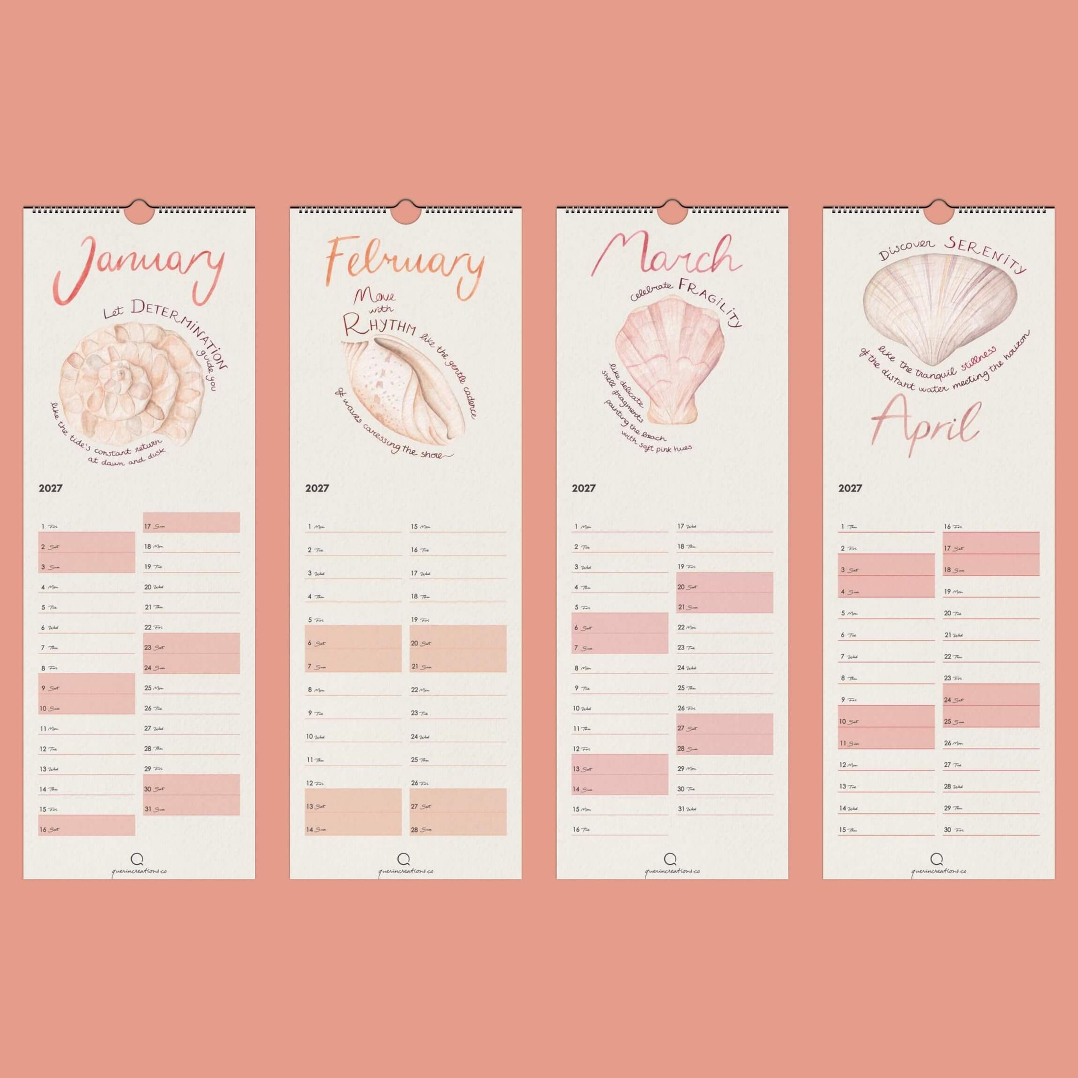 Four-month calendar with shell designs on a pink background