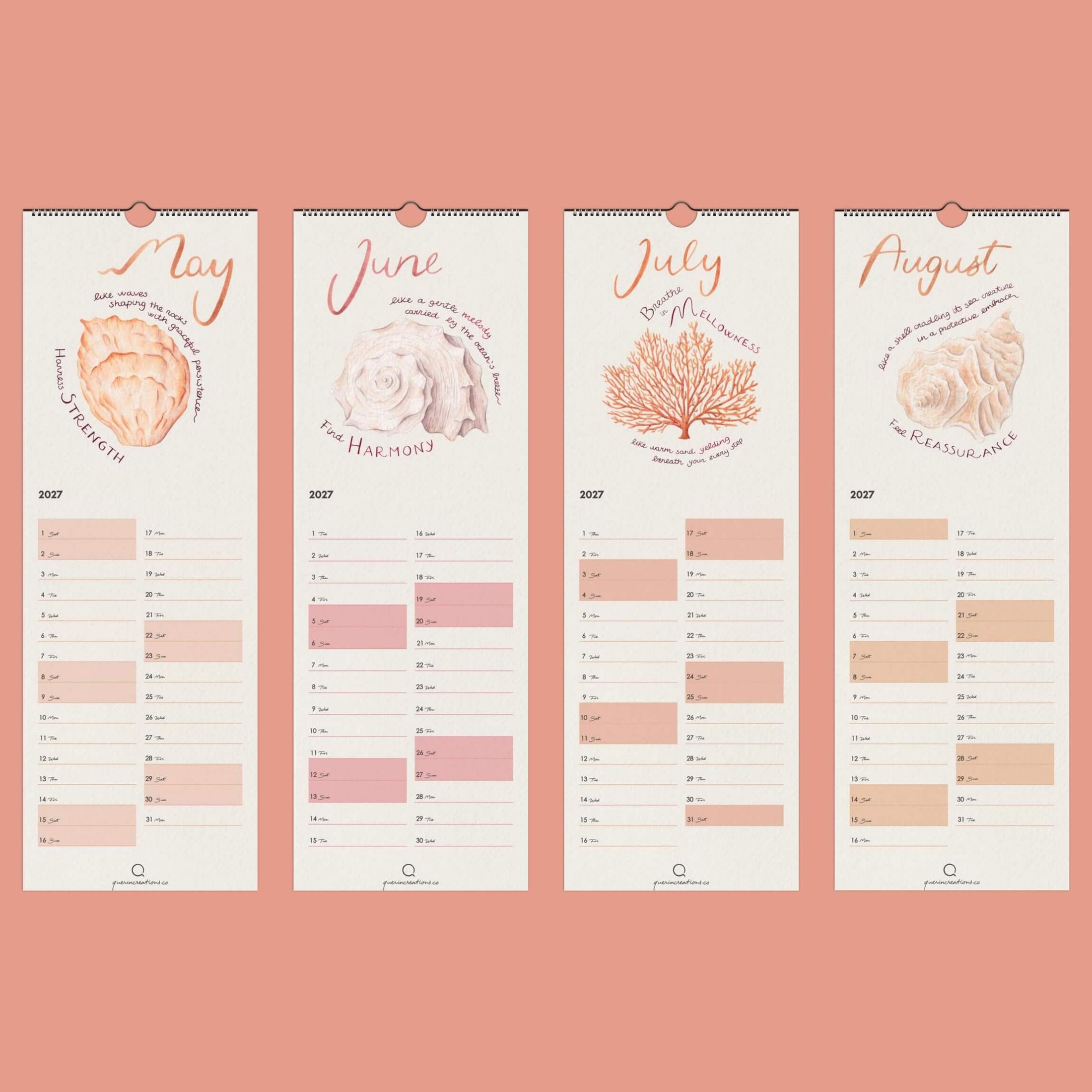 Four vertical calendar pages for May, June, July, and August on a pink background.
