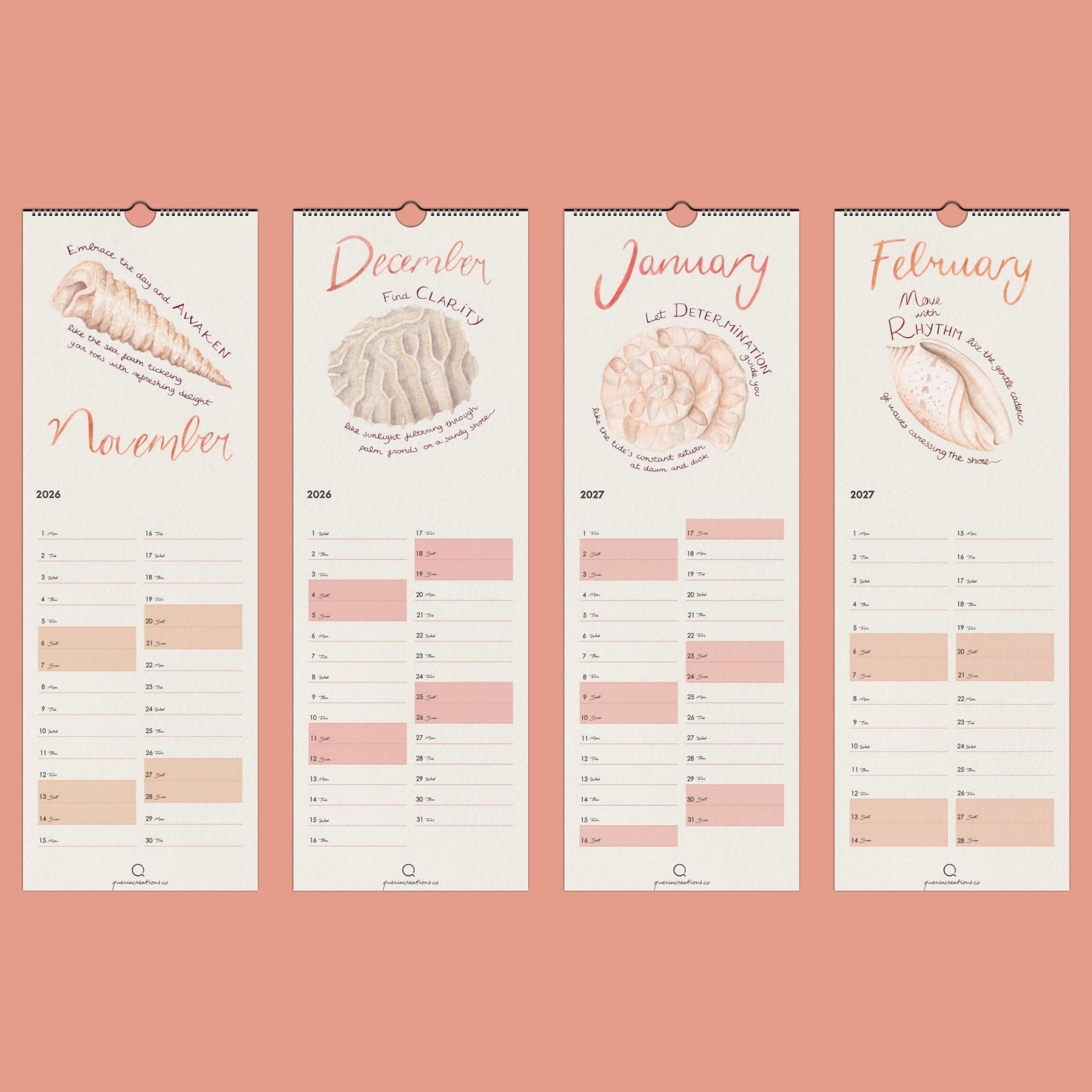 Four vertical calendar pages for November, December, January, and February on a pink background.