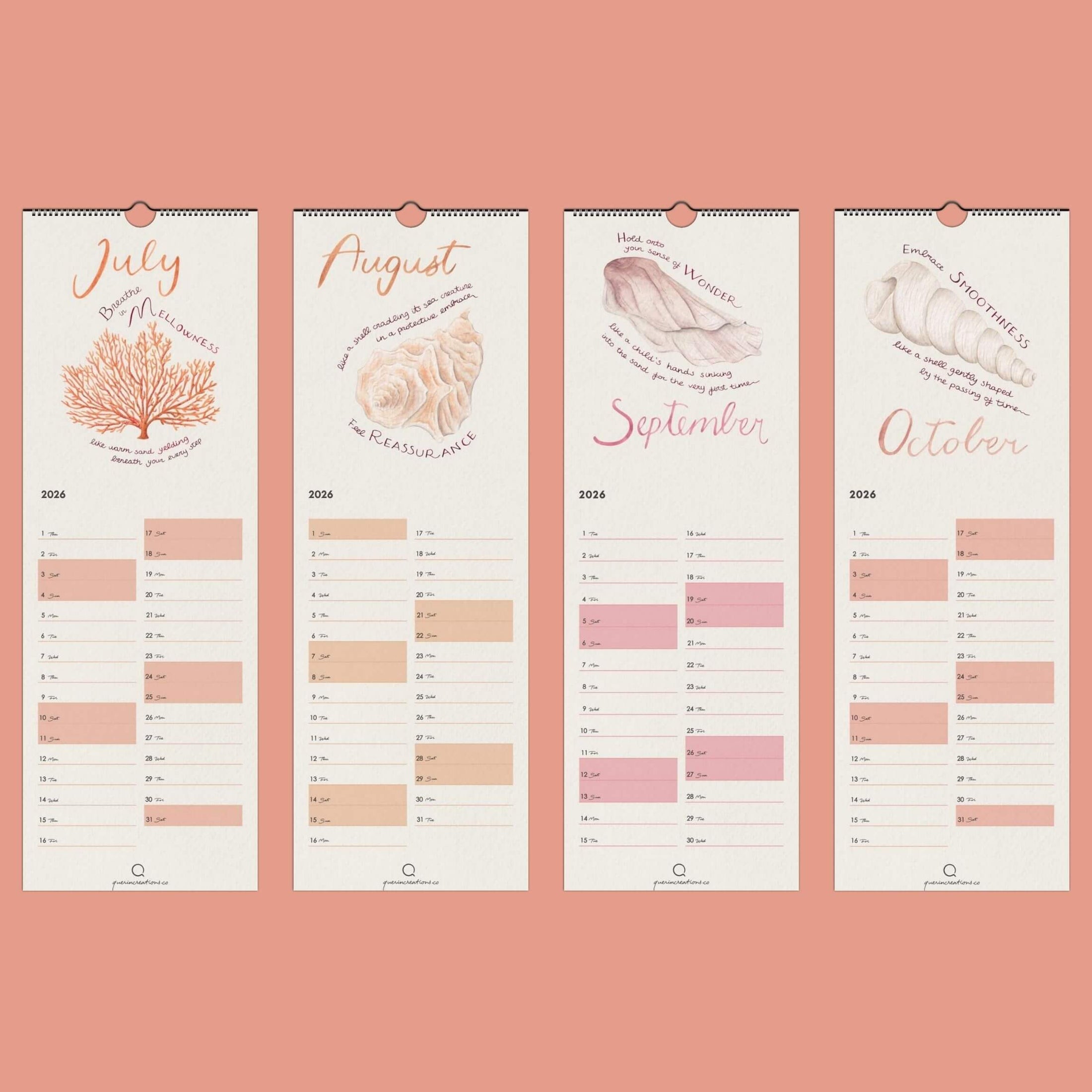 Four vertical calendar pages for July to October on a pink background