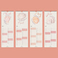 Load image into Gallery viewer, Four vertical calendar pages with shell designs and text on a pink background
