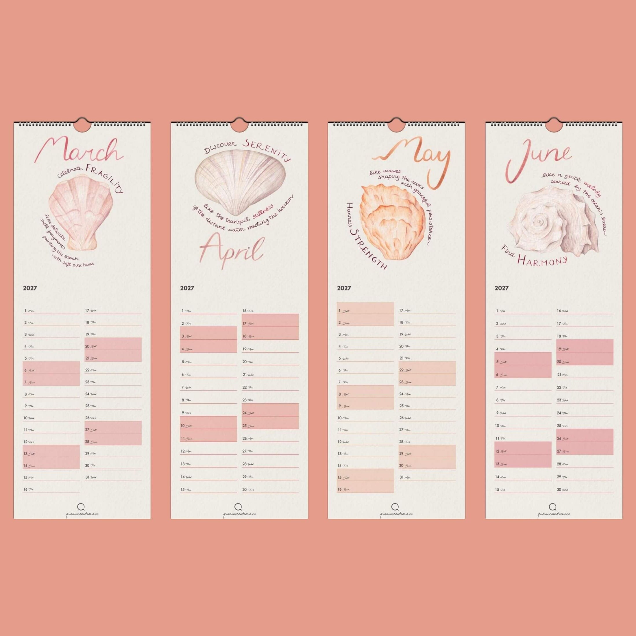 Four vertical calendar pages with shell designs and text on a pink background