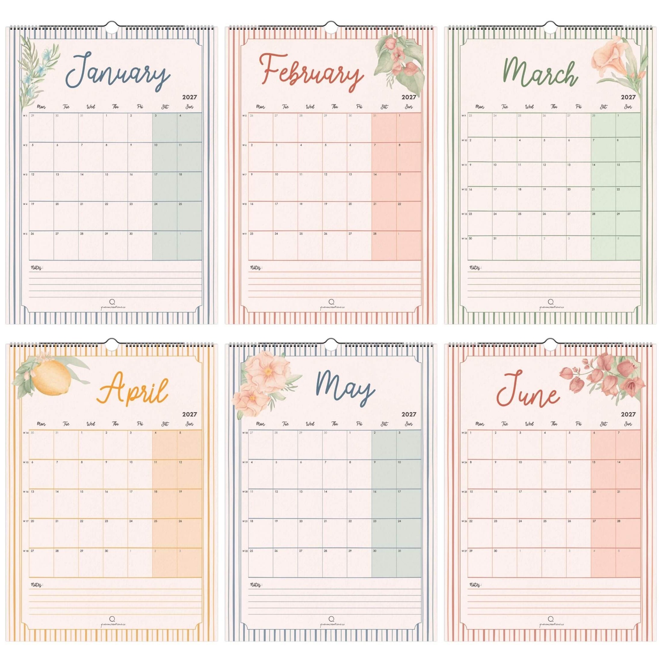 Set of six floral-themed monthly calendars for January to June 2027. A3 and Ledger format