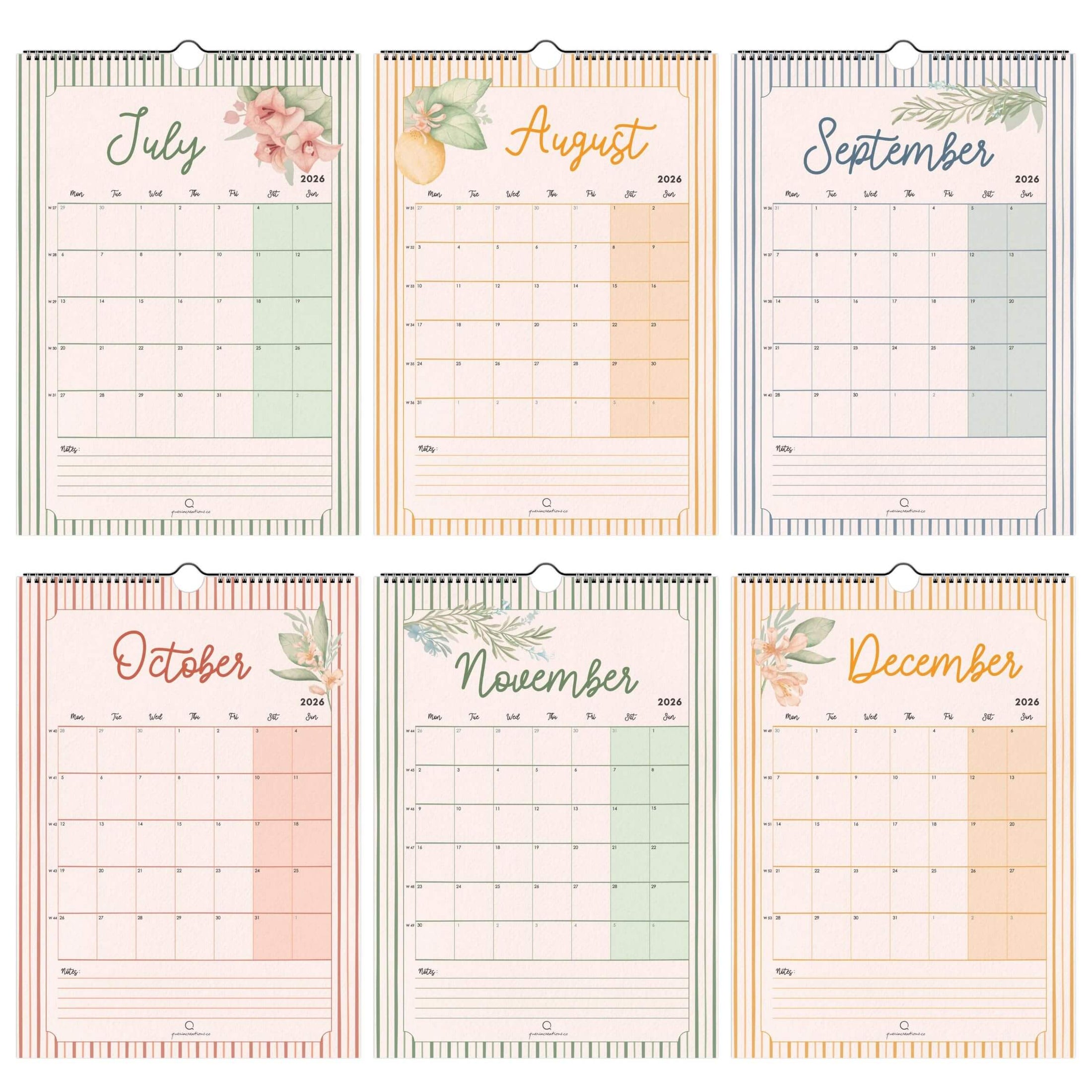 Set of six wall calendars for July to December 2026 with floral designs.