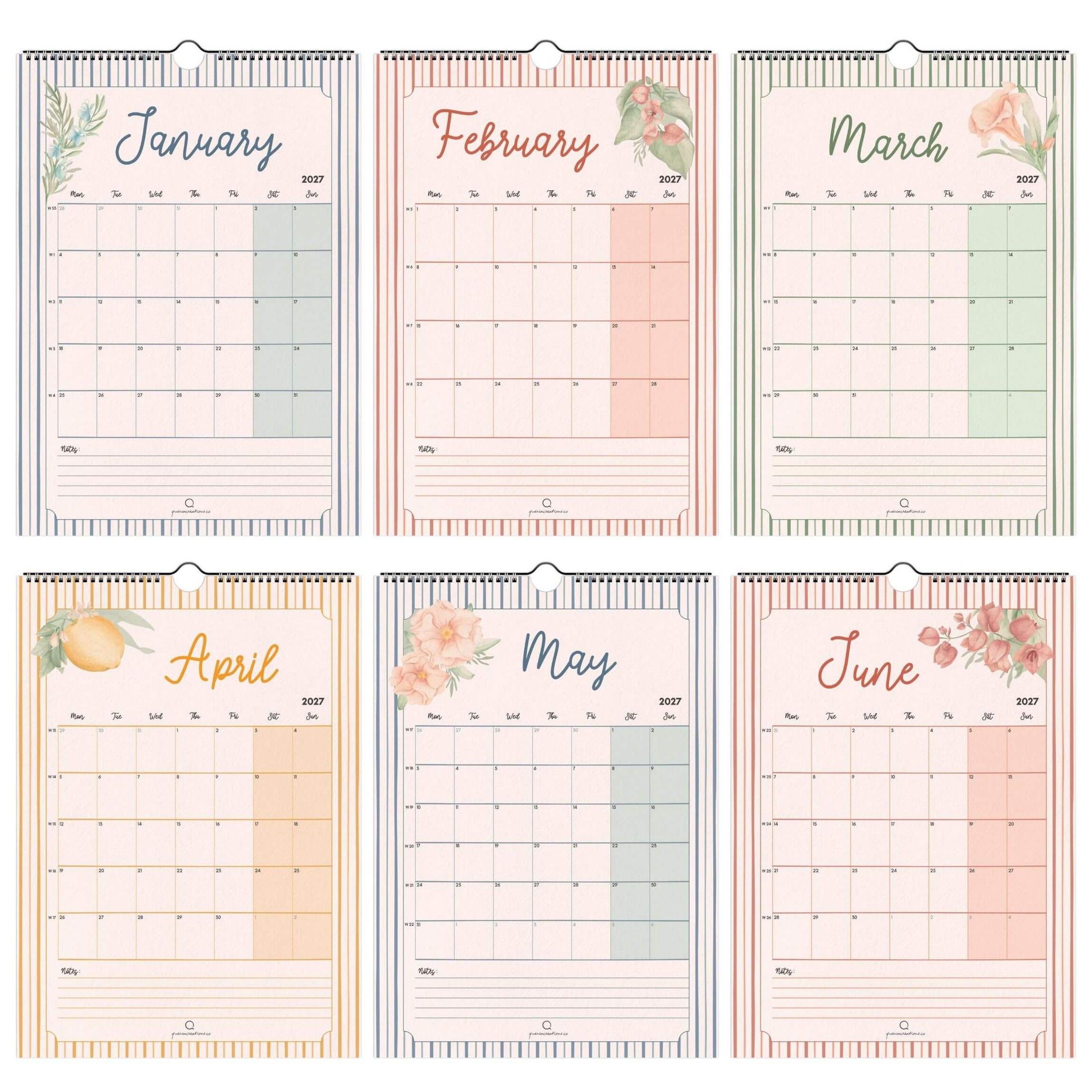 Six-month calendar with floral designs for each month, January to June 2027