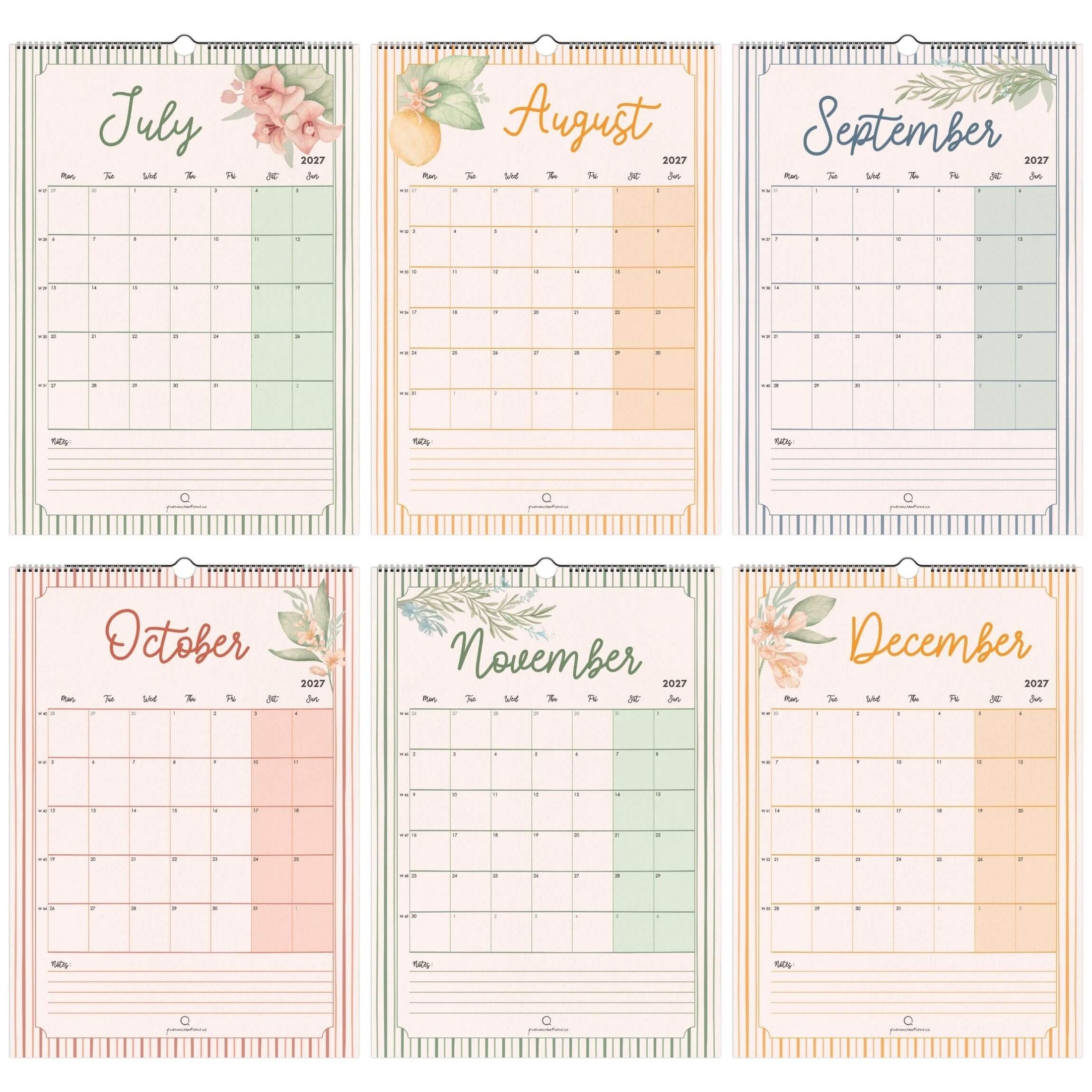 Six-month calendar with floral designs for July to December 2027. A3 and Ledger format