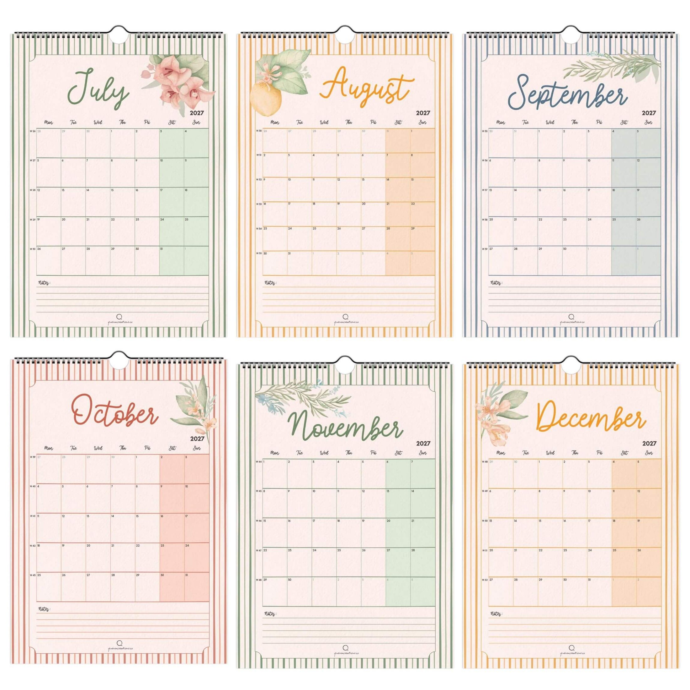 Set of six floral-themed monthly calendars for July to December 2027.